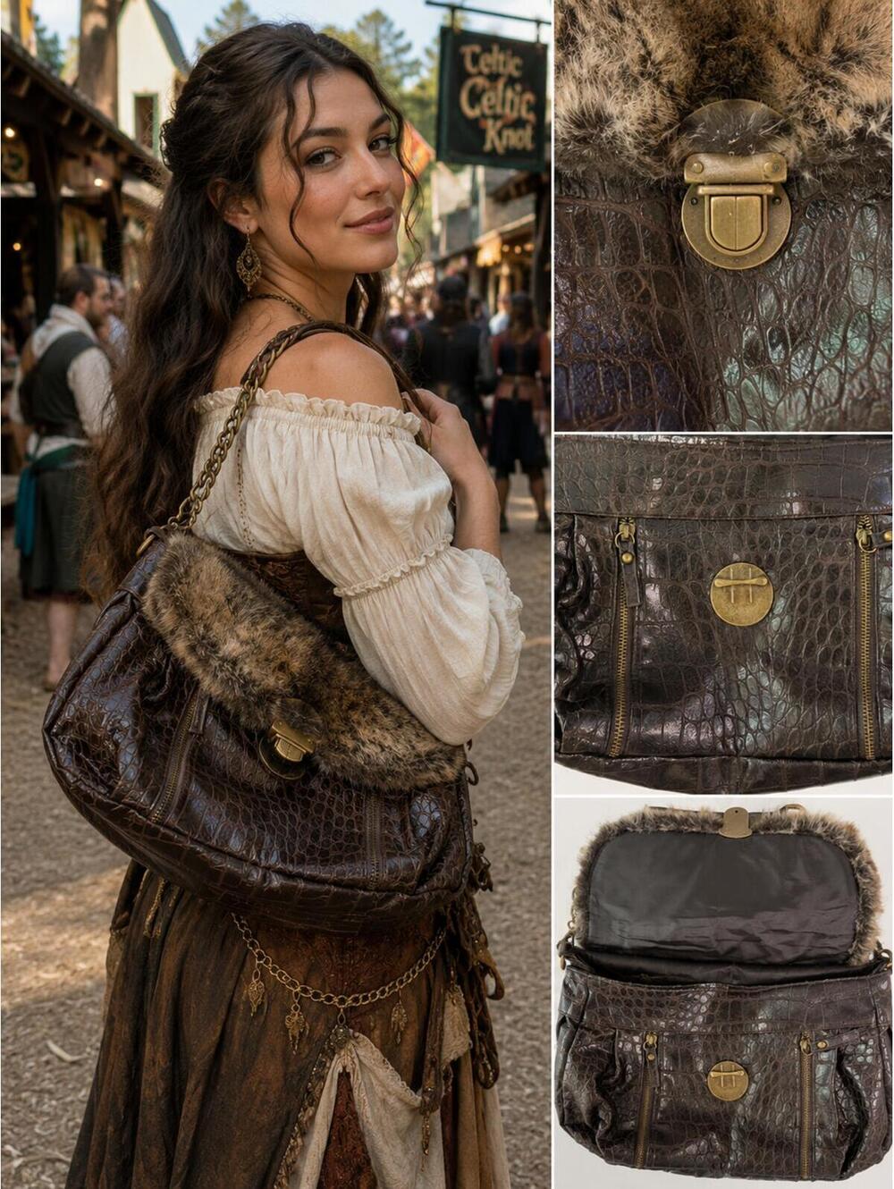 Y2K Boho Croc Embossed Faux Fur Oversized Shoulder Bag Brown Slouchy Purse